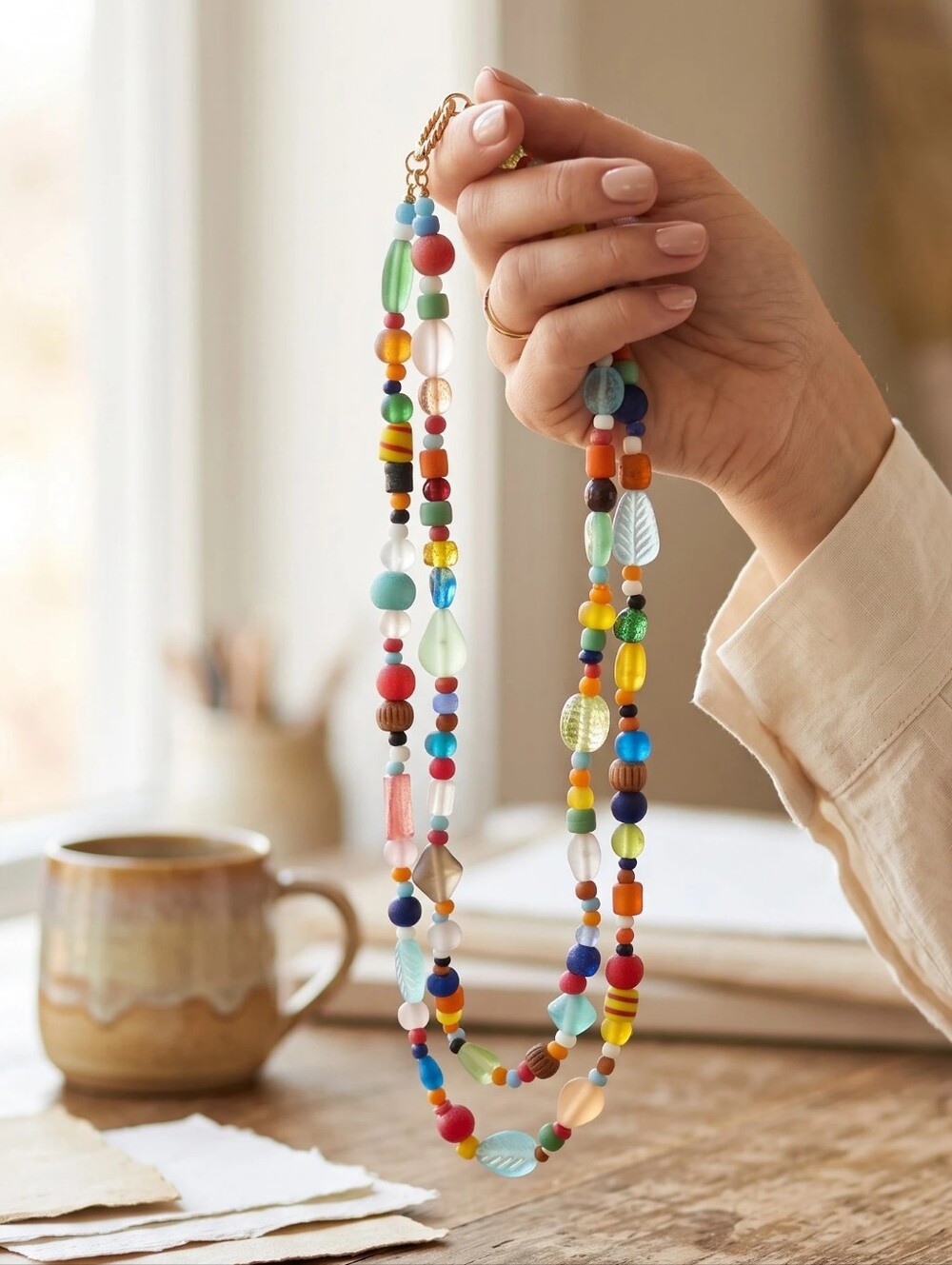 Double Strand Glass Mixed Bead Necklace